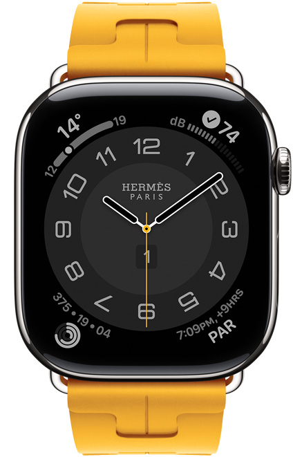 Apple Watch Hermès Series 11, Circular analog watch face (hour, minute, second hands, complications: Weather, activity rings, Paris time, Noise), titanium case, silver colour, right side exterior, Digital Crown, paired with Kilim Single Tour band, jaune colour (canary yellow), fluoroelastomer rubber material
