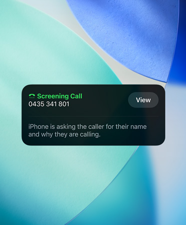iPhone app widget showcasing Call Screening feature on an incoming call, new emerald blue, white and turquoise wallpaper set in the background
