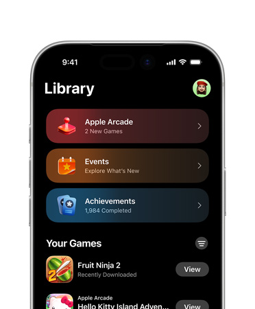 iPhone, top half of screen showing Games app layout, including Library tab, Apple Arcade, Events, Achievements and All Games section