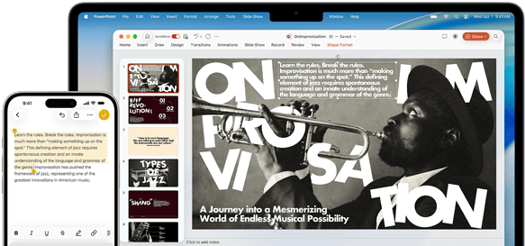 iPhone 16 Plus с подчертан текст в приложението Бележки, Macbook Air с отворен Keynote слайд, текстът от приложението Бележки се вижда на слайда