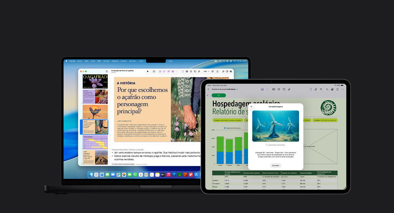 Tela do iPad Pro de 13 polegadas, slide de um relatório com gráficos e tabelas. Tela do MacBook Pro de 16 polegadas mostrando uma apresentação do Keynote com vários slides à esquerda e notas do apresentador geradas na parte inferior