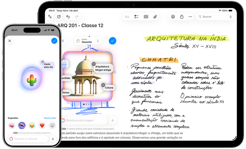 iPhone e iPad mostrando o Genmoji criando um cacto arco-íris e a Varinha Gráfica transformando um rascunho em um pavilhão mogol.