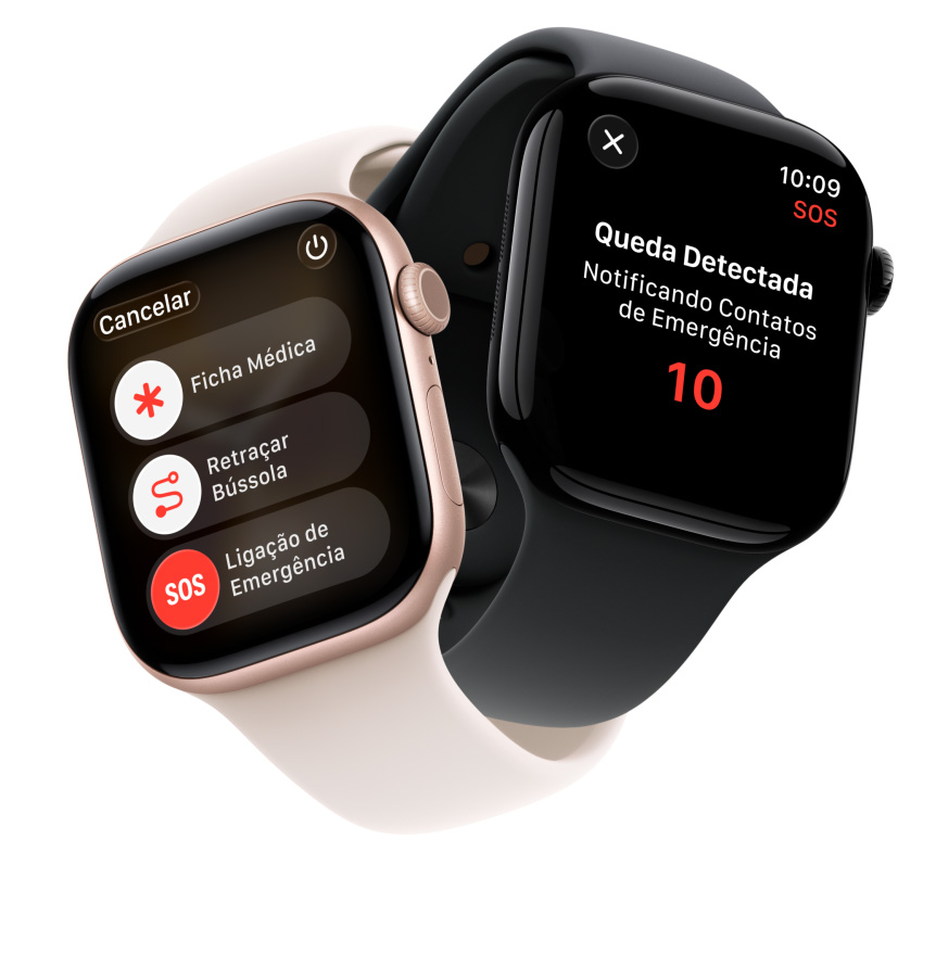 Vários aparelhos Apple Watch Series 11 se entrelaçam, mostradores com caixa de alumínio, cores ouro rosa e preto brilhante, recursos de segurança: Ficha Médica, Retraçar Bússola, Ligação de Emergência, pulseiras esportivas, cores blush-clara e preta, animação