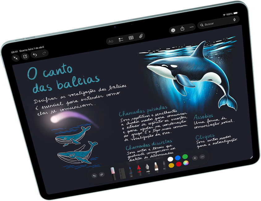 iPad Air na horizontal mostrando a Apple Intelligence com Varinha Gráfica no Notas e o Apple Pencil Pro.