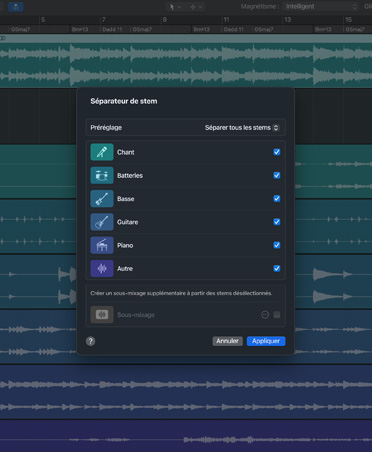 Interface de Logic Pro, Séparateur de stem avec des options pour les voix, la basse, la batterie, la guitare, le piano et plus