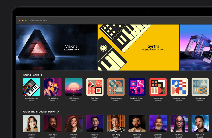 Écran d’un MacBook Pro 16 pouces, bibliothèque de sons de Logic Pro, paquet Visions Alchemy, paquet de synthétiseurs Session Player, rangée de paquets de sons, rangée de paquets d’artistes et de production.