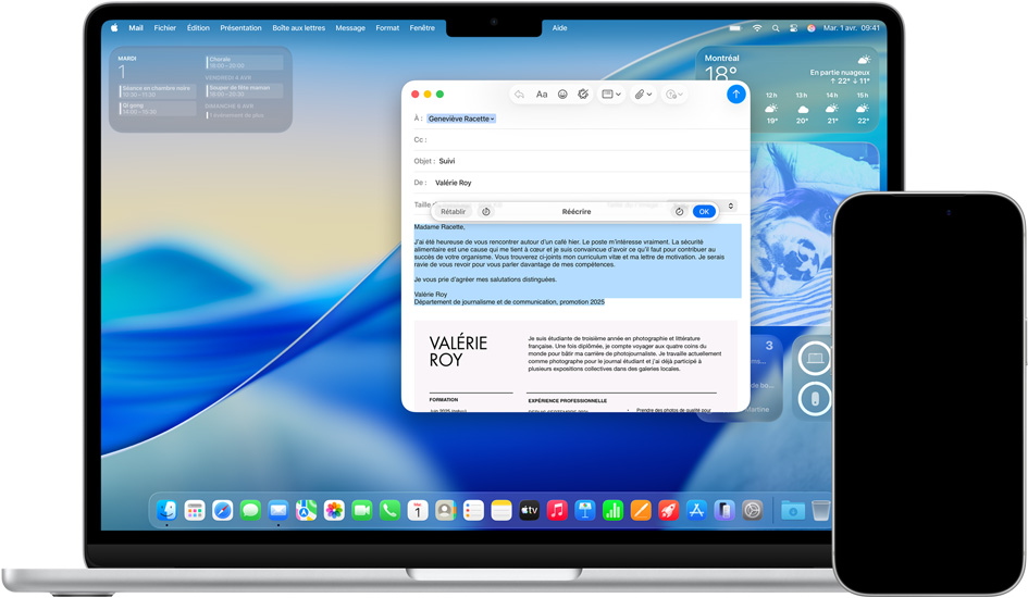 Mac montrant les outils d’écriture et iPhone montrant des messages avec la traduction en direct