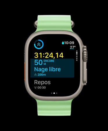 Apple Watch Ultra 3, naturel, boîtier en titane, app Exercice, tuile d’entraînement personnalisé, vue Suivant, bracelet Océan vert fluo