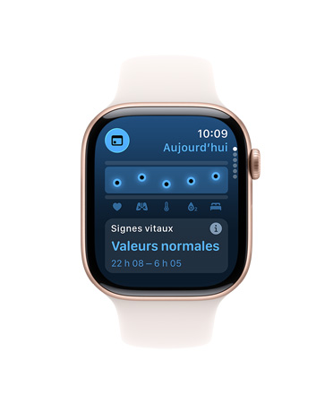 Apple Watch Series 11, boîtier en aluminium, or rose, app Signes vitaux, tableau de données de santé, notification de données de santé nocturne typique, côté droit : Digital Crown, bracelet sport rose tendre