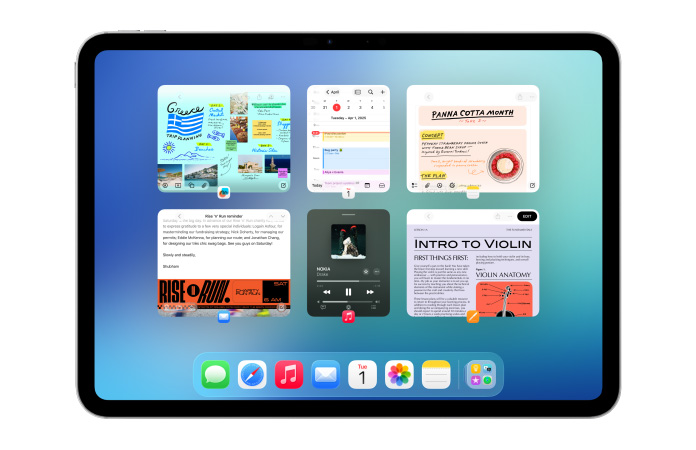 iPad, landscape orientation, shows six windows open in two rows, including Calendar app, Notes app, Apple Music and Safari