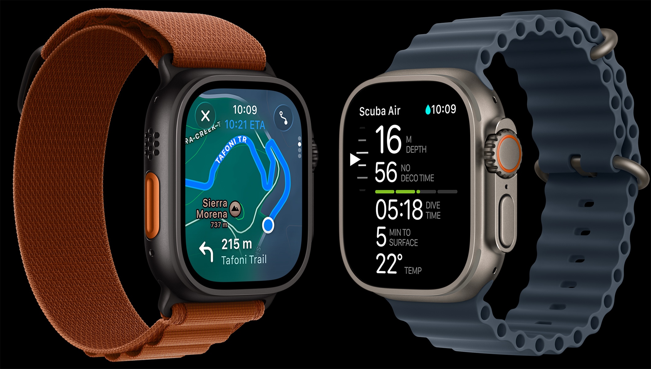 Dvoje Apple Watch Ultra 3, titanová pouzdra, černá a přírodní barva, mapa horské stezky, potápěčské ukazatele
