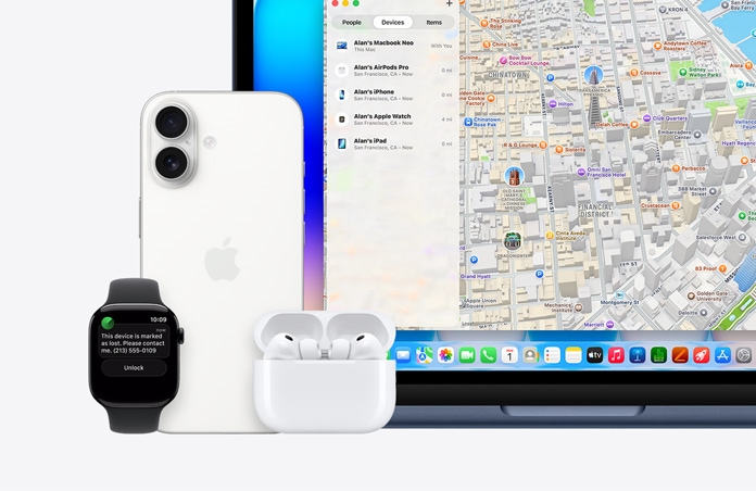 Apple Watch, na displeji je text „This device is marked as lost, please contact me“ a telefonní číslo, vedle hodinek je vidět iPhone, AirPody Pro a MacBook Neo v barvě indigo, v aplikaci Najít na displeji se zobrazuje mapa se seznamem zařízení a jejich polohou