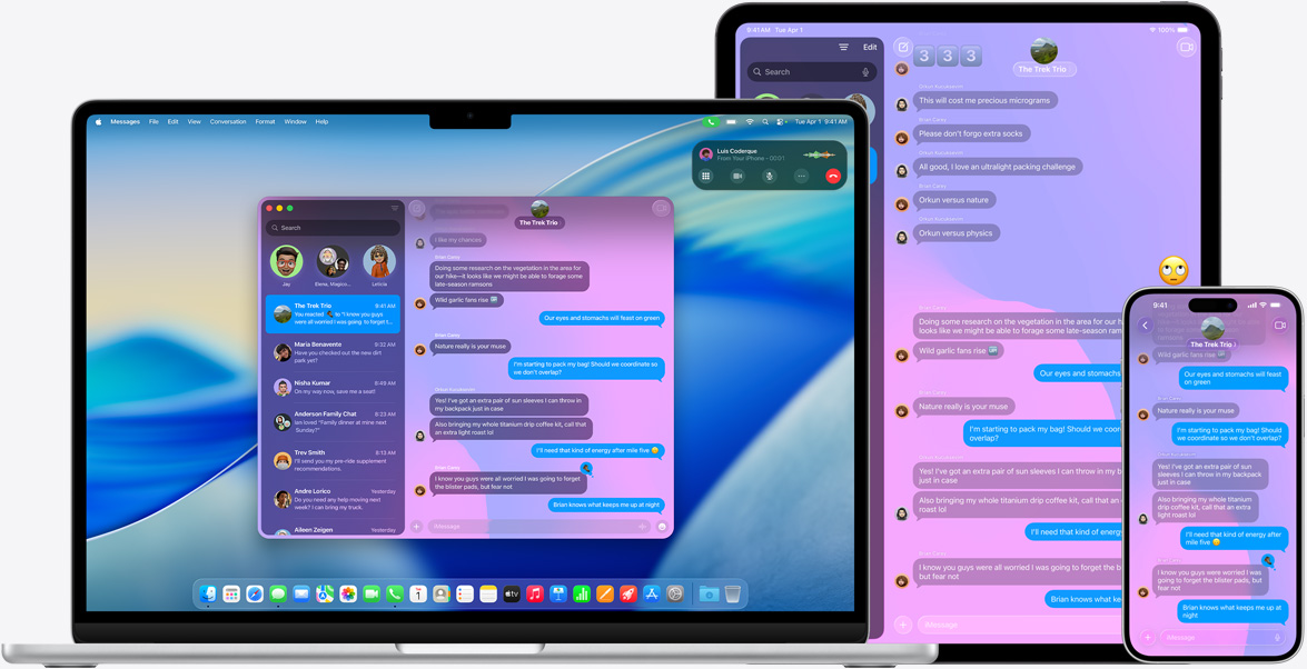 Produkty Apple: 15palcový MacBook Air, 13palcový iPad Pro a iPhone 16 Plus, stejná konverzace iMessage zobrazená na všech obrazovkách