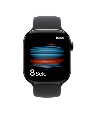 Apple Watch Series 11, Aluminiumgehäuse, Farbe poliertes Diamantschwarz, die Health App misst den Blutsauerstoff, Sportarmband, Farbe Schwarz