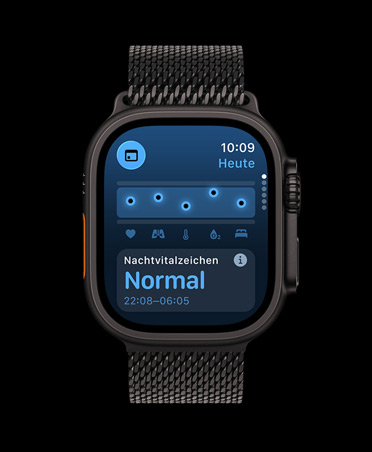 Apple Watch Ultra 3, Farbe Schwarz, Titangehäuse, Vitalzeichen App, Diagramm mit Gesundheitsbewertung, Mitteilung zu Abweichungen bei im Schlaf erfassten Vitalzeichen, Armband, Milanaise Armband Schwarz