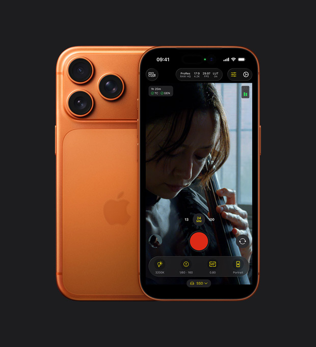 Die iPhone 17 Pro Vorderseite zeigt das ProRes RAW Feature während der Aufnahme einer Frau, die Cello spielt