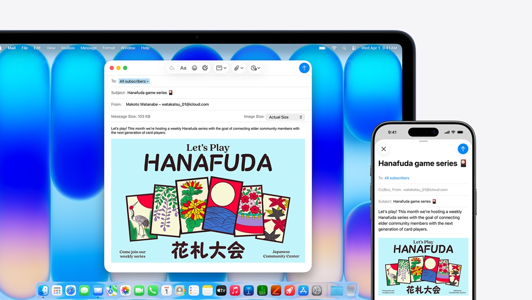 Indigo toonis MacBook Neo kõrvuti iPhone’iga, mõlemal ekraanil on sama e-kiri, mis teatab sündmusest kogukonnakeskuses