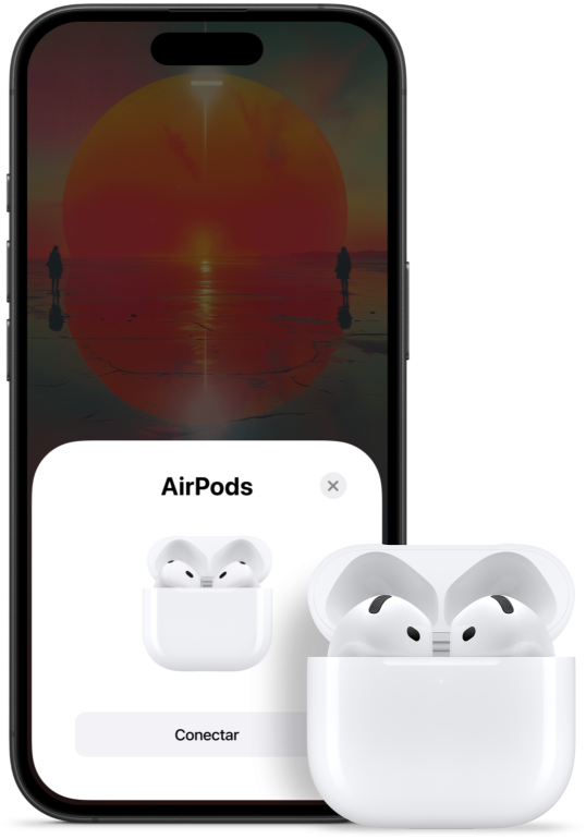 Un estuche de carga abierto con unos AirPods 4 en su interior, al lado un iPhone donde se muestra que están conectados.
