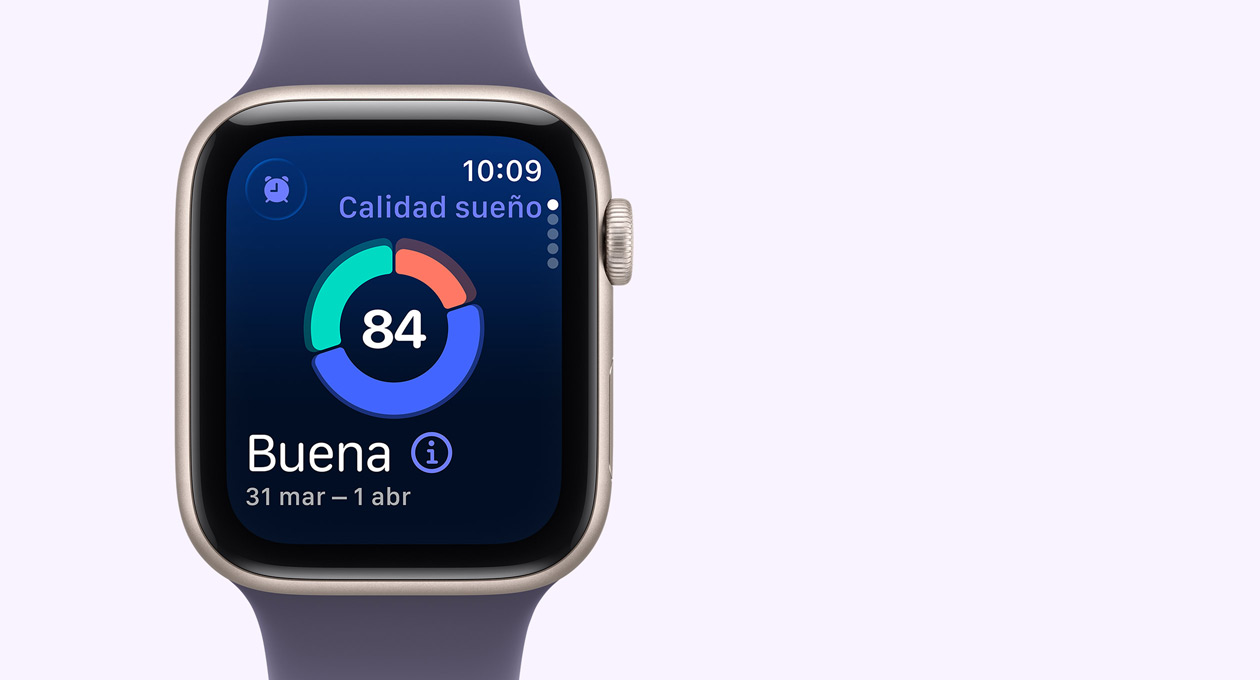 Apple Watch SE 3, caja de aluminio, color blanco estrella, gráfico circular de Calidad del Sueño en pantalla, lateral derecho, Digital Crown, correa deportiva, color niebla lila