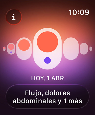 Control del Ciclo en la app Salud, unos puntos naranjas y morados identifican diferentes síntomas menstruales
