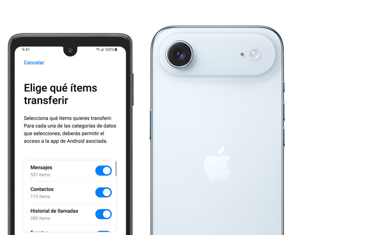 Dispositivos uno al lado del otro, teléfono Android con la app Pasar a iOS, iPhone Air, parte trasera, sistema de cámaras Fusion en módulo elevado, flash