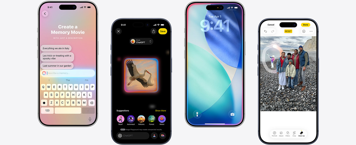 Vijf iPhones met Apple Intelligence-features: een Terugblikfilm aanmaken, een kunstwerk genereren in Image Playground, het Toegangsscherm van iOS met gloed-effect, Live Vertaling tijdens een telefoongesprek en realtime vertaling in Berichten.