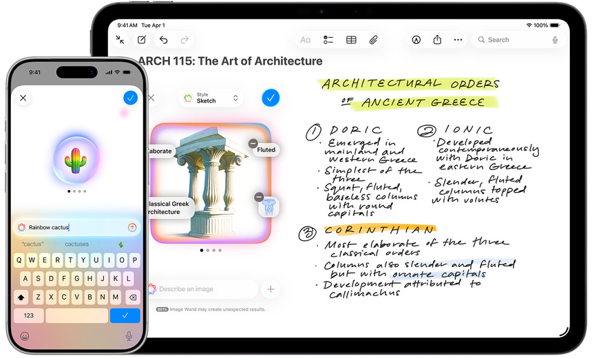 iPhone en iPad met Genmoji waarmee een cactus in regenboogkleuren wordt gemaakt en Beeldpenseel waarmee een ruwe schets wordt omgezet in een Indiaas paviljoen.