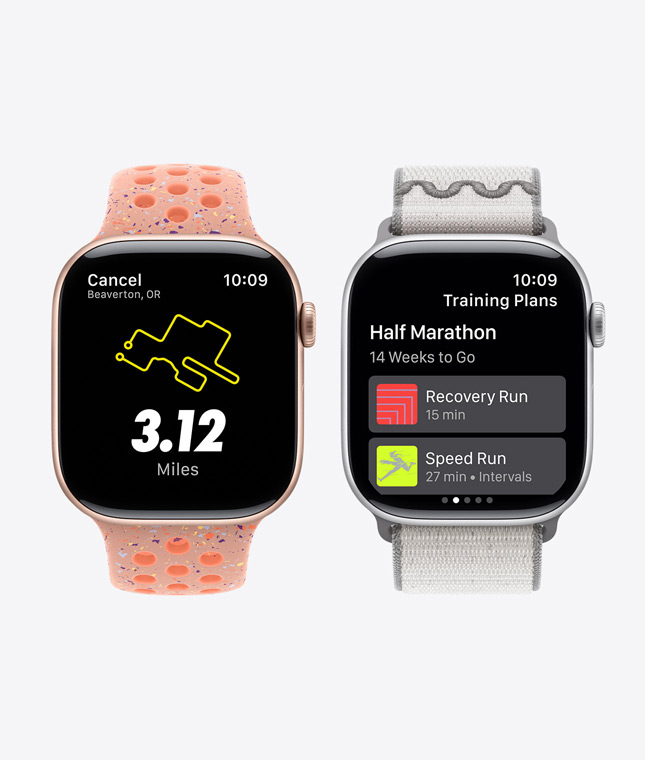 Dispositivos Apple Watch Series 11, a mostrar a app Nike Run Club, com as funcionalidades de programas de treino e orientações áudio