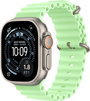 Apple Watch Ultra 3, värinä luonnontitaani, titaanikuori, Suunnistus-kellotaulu, komplikaatiot: UV-indeksi, Aktiivisuus, Satelliitti, Kompassi, näkymä oikeasta sivusta, Digital Crown, mikrofoni, sivupainike, Ocean-ranneke, neonvihreä väri