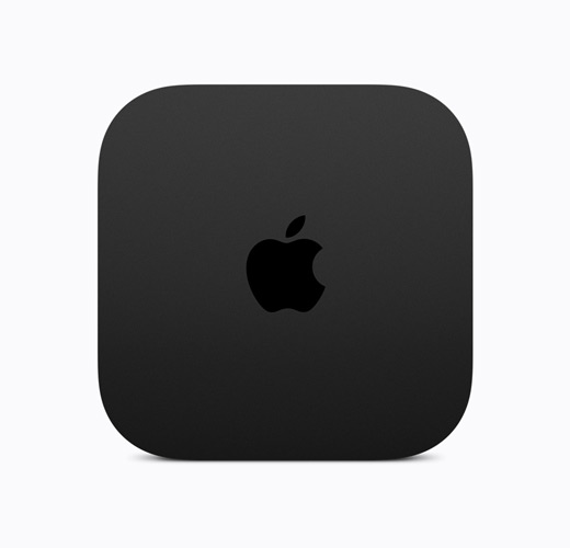 Apple TV 4K, black colour, top exterior, glossy black Apple TV logo