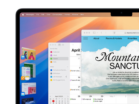 Multiple windows and apps displayed on a screen including Keynote, Pages, Mail and a website featuring content about a serene sanctuary.