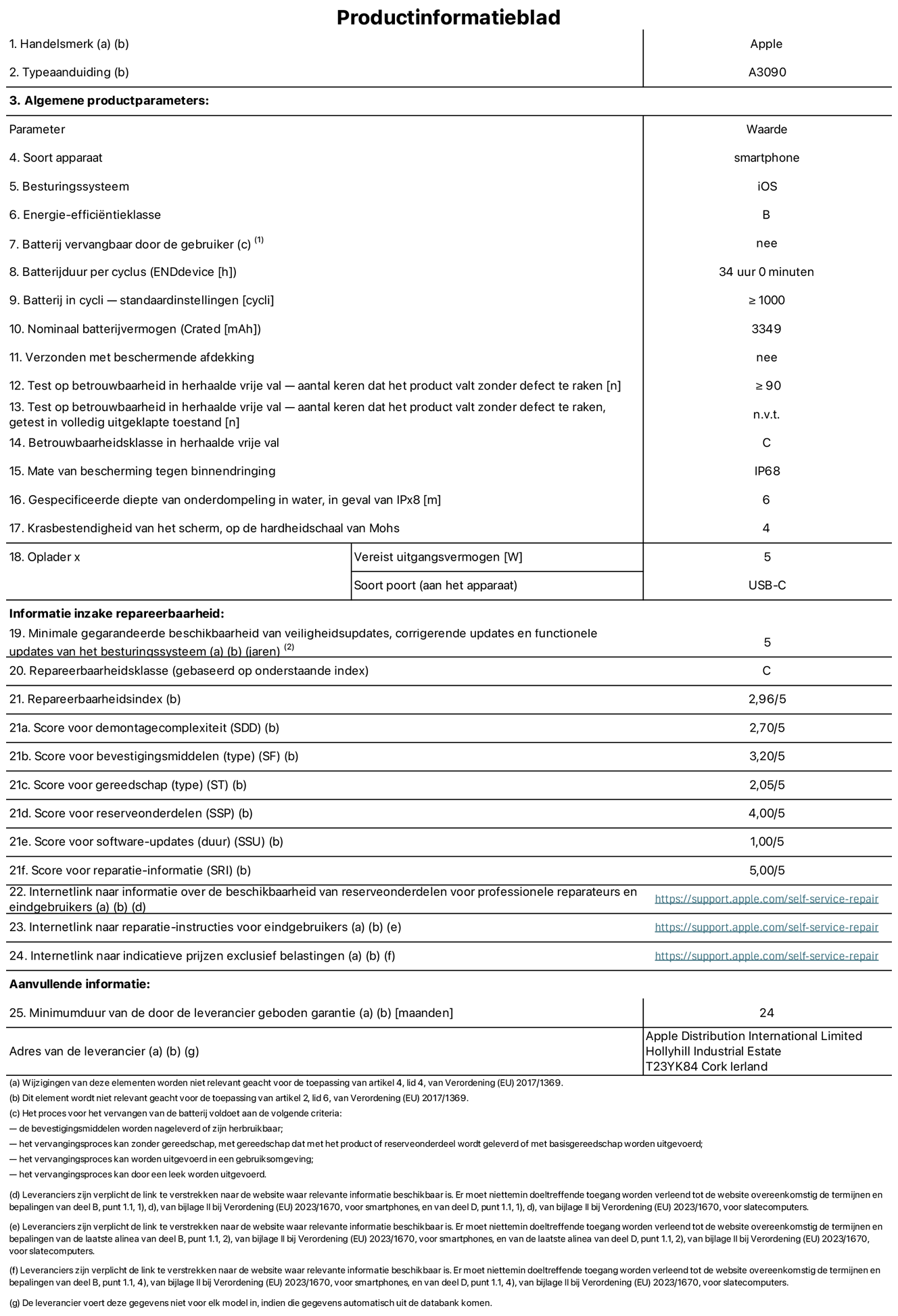 Productinformatieblad voor iPhone 15, model A3090. Verstrekt door Apple Distribution International Limited, Hollyhill Industrial Estate. Cork, Ierland T23 YK84. Type device: smartphone. Besturingssysteem: iOS. Energie-efficiëntieklasse: B. Batterij door de gebruiker te vervangen: nee. Batterijduur per cyclus: 34 uur. Batterijduur in cycli, standaardinstellingen: ≥ 1000. Nominale batterijcapaciteit: 3349 mAh. Geleverd met beschermhoes: nee. Herhaalde betrouwbaarheidstest voor vrije val, valt zonder defect: ≥ 90. Herhaalde betrouwbaarheidstest voor vrije val, valpartijen zonder defect getest in volledig verlengde staat: niet van toepassing. Herhaalde vrije val in betrouwbaarheidsklasse: C. Beschermingsklasse: IP68. Gespecificeerde dompeldiepte van water, in het geval van iPx8: 6. Krasbestendigheid van het scherm op de hardheidsschaal van Mohs: 4. Uitgangsvermogen vereist voor oplader: 5W. Type opladeraansluiting (aan het uiteinde van het apparaat): USB-C. Minimale gegarandeerde beschikbaarheid van beveiligingsupdates van het besturingssysteem, corrigerende updates en functionaliteitsupdates: 5 jaar. Herstelbaarheidsklasse: C. Herstelbaarheidsindex: 2,96/5. Score demontagediepte (SDD): 2,70/5. Score sluitingen: 3,20/5. Gereedschapsscore: 2,05/5. Reservedeelscore: 4,00/5. Score software-updates: 1,00/5. Score reparatiegegevens: 5,00/5. Weblink naar informatie over de beschikbaarheid van reserveonderdelen voor professionele reparaties en eindgebruikers: https://support.apple.com/self-service-repair. Weblink voor reparatie-instructies voor eindgebruikers: https://support.apple.com/self-service-repair. Weblink naar indicatieve prijzen vóór belasting: https://support.apple.com/self-service-repair. Inclusief 24 maanden algemene garantie. 
