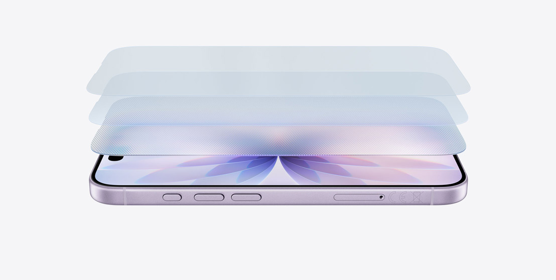 iPhone 17 in de kleur Lavendel, liggend met lange kant voor in beeld en lagen erboven die Ceramic Shield 2 voorstellen