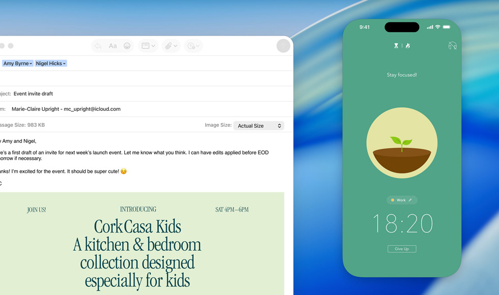 MacBook Display, geöffnete Mail App, iPhone Display wird auf dem MacBook Display gespiegelt und zeigt die Ankunft einer Forest Bestellung