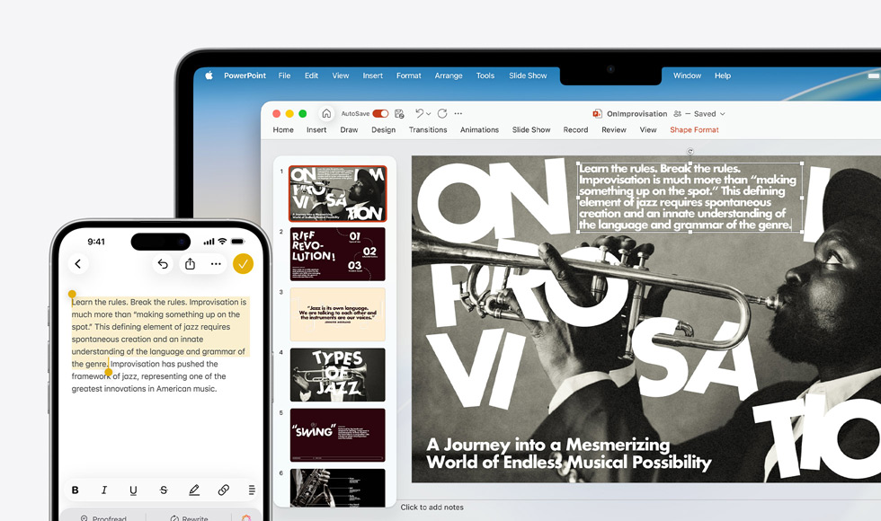 iPhone 16 Plus with text highlighted in the Notes app, Macbook Air with a PowerPoint slide open, text from Notes app is visible on the slide