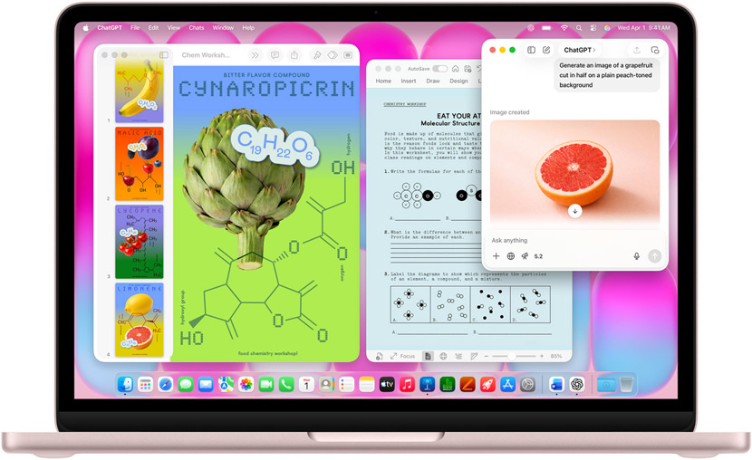 Auf einem MacBook Neo in der Farbe Rosa wird mit ChatGPT ein Bild von einer Grapefruit erstellt, daneben ein Keynote Dokument mit Bildern von Obst und Gemüse und zugehörigen Molekülverbindungen sowie ein zugehöriges Microsoft Word Dokument