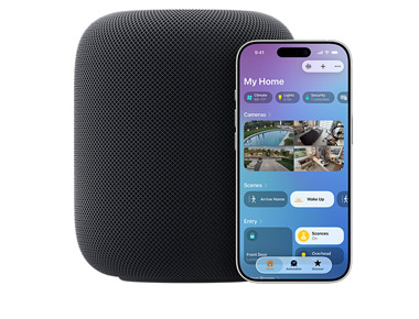 Keskiyön värinen HomePod ja iPhone, jossa näkyy Koti-apin Oma koti ‑käyttöliittymä