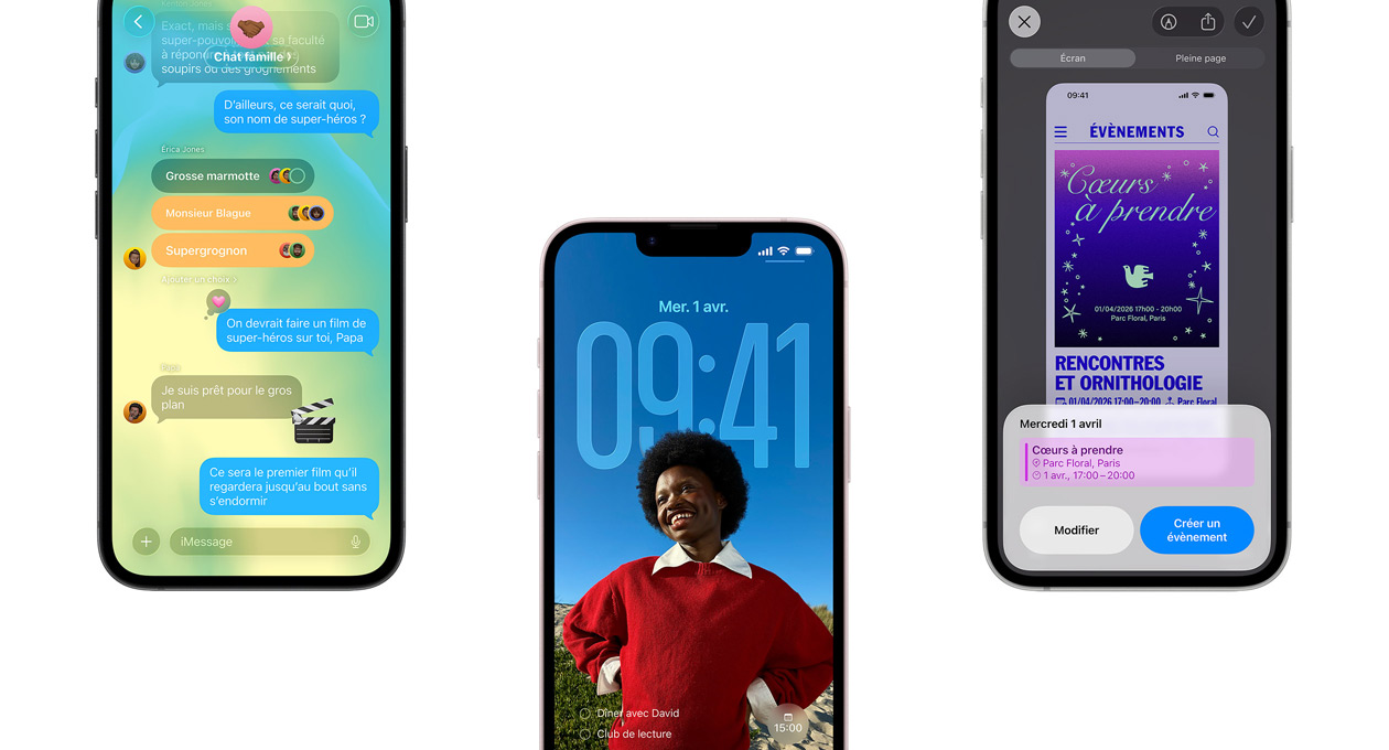 Trois iPhone 17e, face avant, affichant l’app Messages avec le design Liquid Glass, l’écran verrouillé dynamique et la fonctionnalité Capture d’écran en cours d’utilisation pour ajouter un évènement au Calendrier