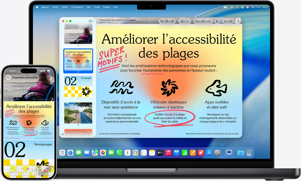 Un iPhone et un MacBook côte à côte illustrant la fonctionnalité de recopie sur le MacBook. Widgets Calendrier et Notes au sommet de l’écran, apps en bas.