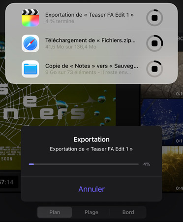 Une liste d’activités en direct simultanément en cours et en exécution, la liste comprend l’exportation d’une bande-annonce, le téléchargement de fichiers volumineux et le déplacement de « Notes » vers « Sauvegarde »