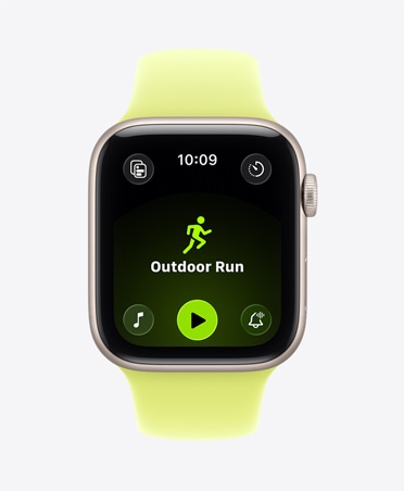 Apple Watch SE 3, κάσα από αλουμίνιο, χρώμα αστροφεγγιά, ανοιχτή προπόνηση Τρέξιμο Εκτός, στοιχεία ελέγχου Apple Music στο κάτω μέρος της οθόνης, λουράκι Sport Band, κίτρινο νέον χρώμα
