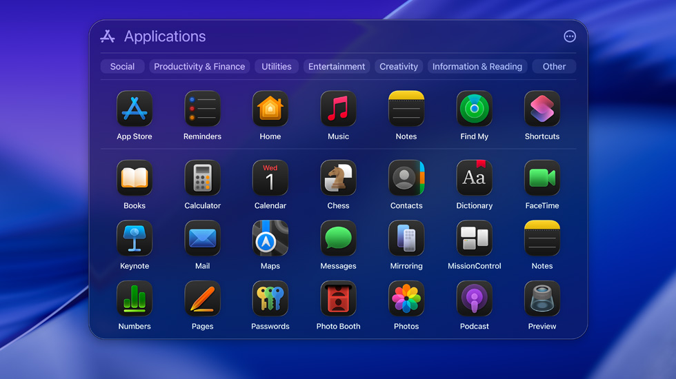 macOS Tahoe 上各式 app 圖像以格線方式顯示。