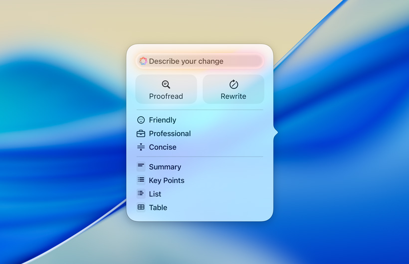 UI for Writing Tools with a text field to enter prompts, buttons for Proofread and Rewrite, different tones of writing voice, and options for summarize, key points, table, and list