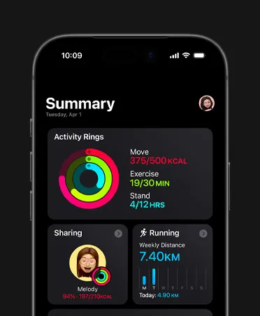 iPhone 17, Fitness summary, Activity rings, Move, Exercise, and Stand metrics, actvity sharing with friends, weekly Running stats