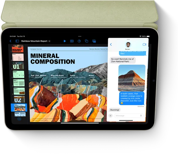 iPad mini in landscape view displaying Keynote and Messages with Slide Over.