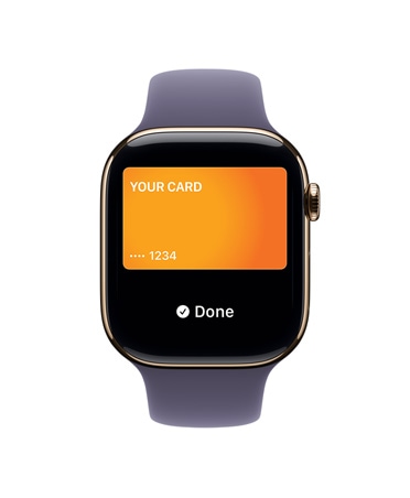 Apple Watch Series 11, zlatne boje, kućište od titanija, Apple Pay, desna vanjska strana, Digital Crown, sportski remen boje ljubičasta magle