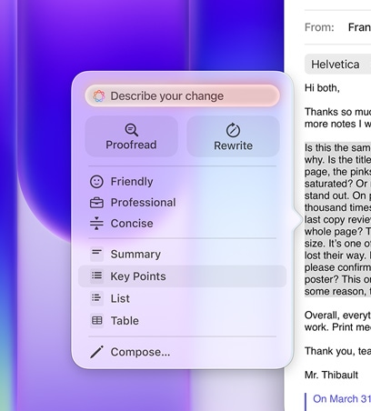 Demonstracija korištenja alata za pisanje s istaknutim velikim odlomkom teksta u e-mailu; u izborniku alata za pisanje odabrane su ključne točke i prikazana je ikona s popisom