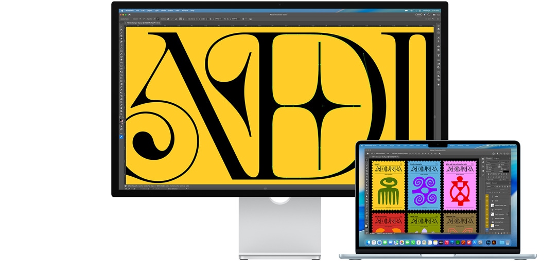 Studio Display i prijenosno računalo Mac prikazuju projekt na kojemu se radi u više Adobeovih programa, Studio Display prikazuje krupni prikaz crnog teksta na intenzivnoj žutoj pozadini, a antirefleksivni premaz umanjuje odsjaj