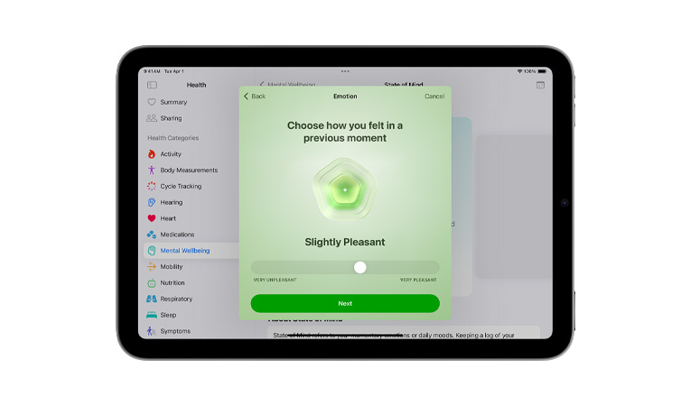 Vízszintes helyzetben lévő iPad mini elölnézetben, a kijelzőjén az Egészség alkalmazás és a lelkiállapot rögzítésére szolgáló csúszka jelenik meg
