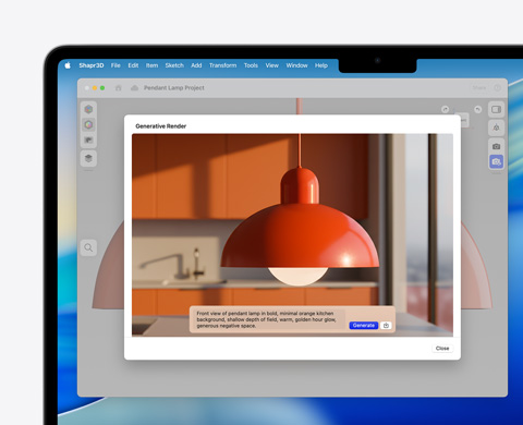Az Image Playground képernyője egy mennyezeti lámpával és a generatív rendereléshez megadott szöveggel